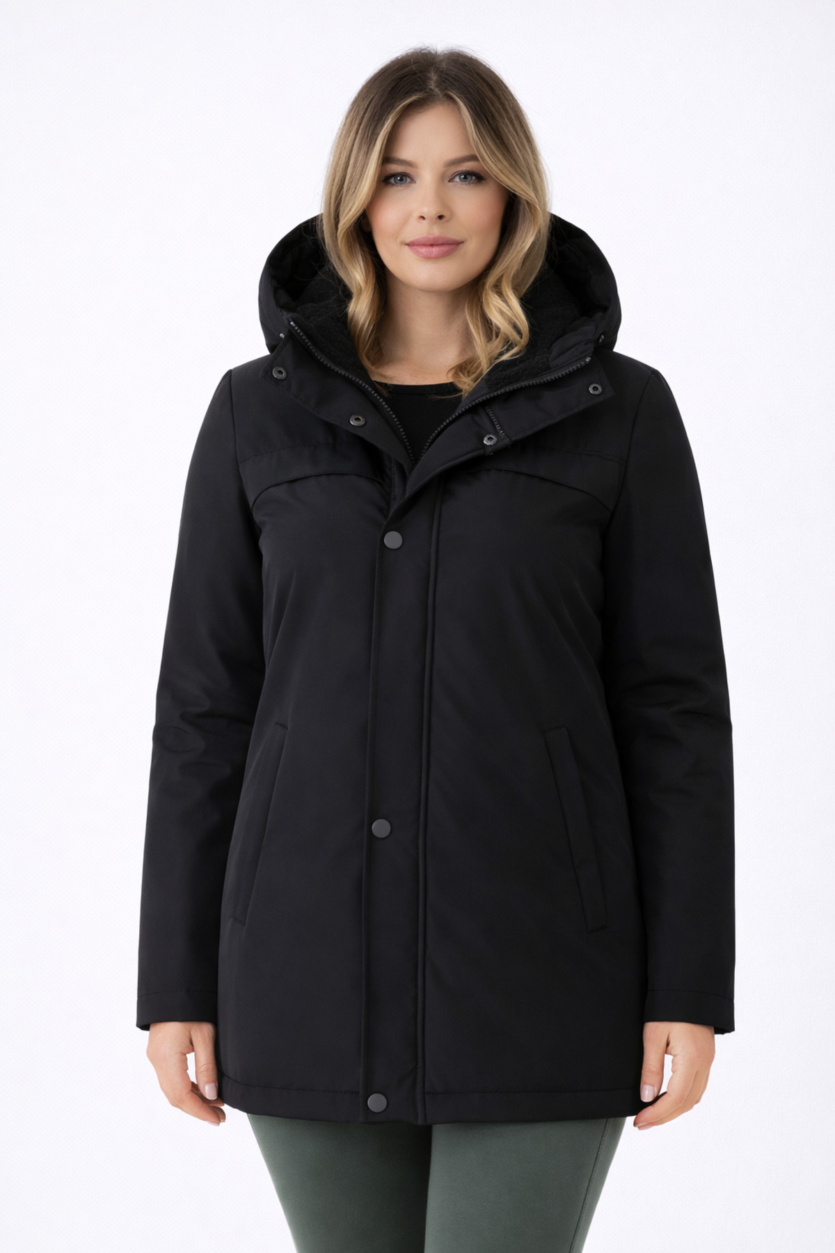 Royalside  Kadın Siyah Içi Polarlı Su Ve Rüzgar Geçirmez Kapüşonlu Regular Kalıp Kışlık Mont & Kaban & Parka - Görsel 2
