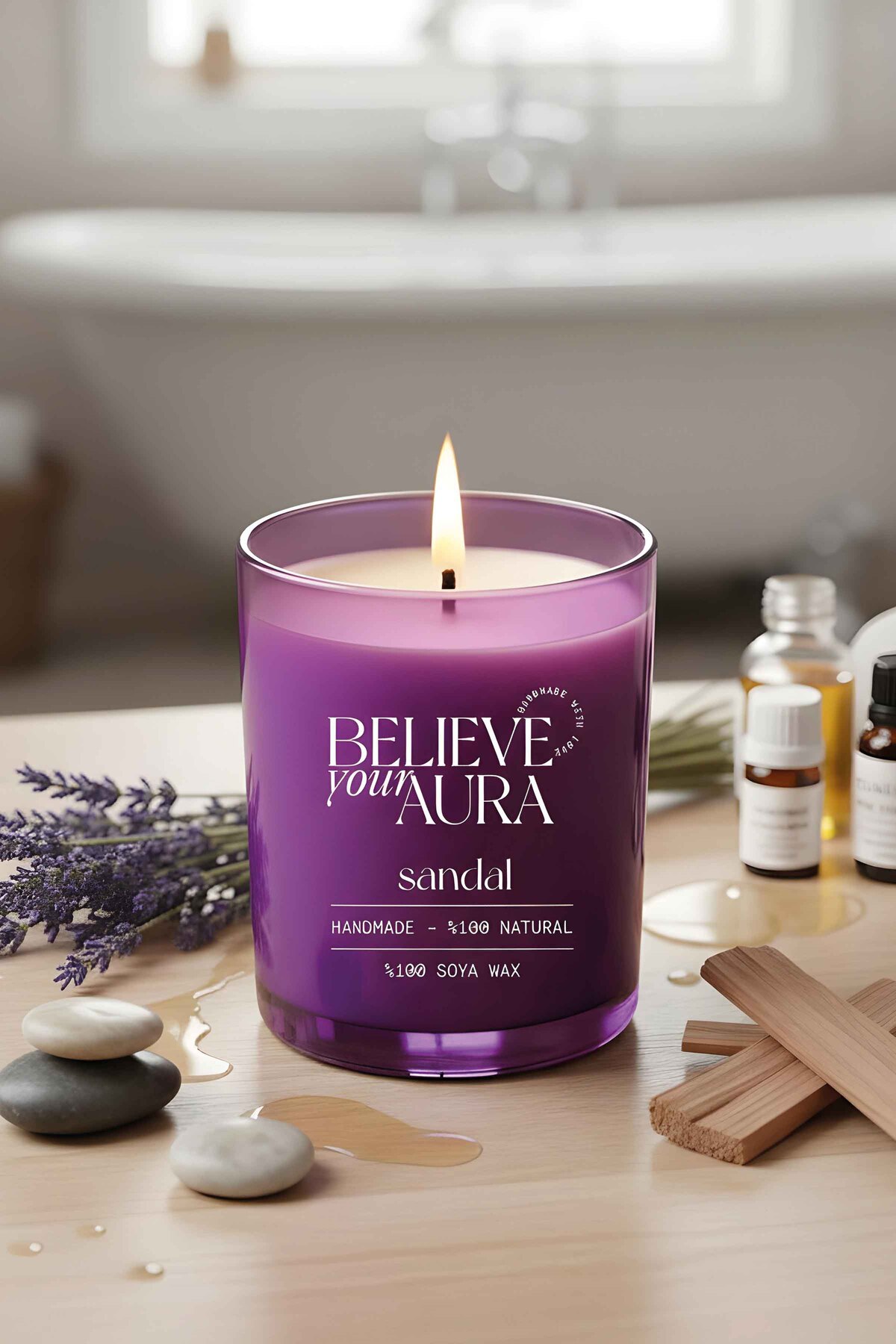 Herbal Sandalwood Scented Aromatherapy Candle - 100% Natural Soy Wax Purple Cup Candle - 300cc