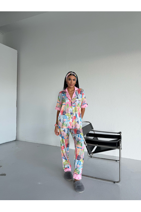 Muah Cappadocia Dream Kadın Saten Pijama Takımı Balon Desenli Kısa Kollu Pembe