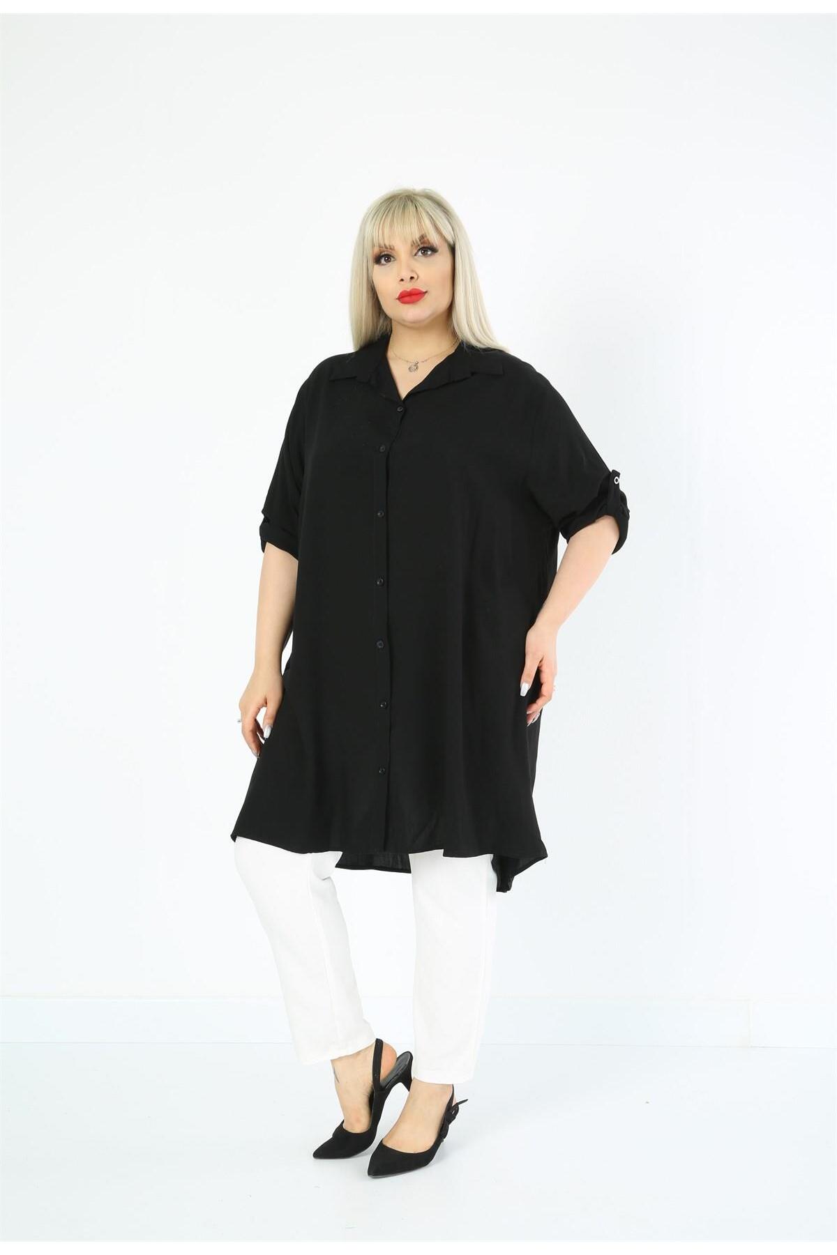 By Alba Collection  Kadın Pamuk Viskon Düz Büyük Beden Tunik Siyah