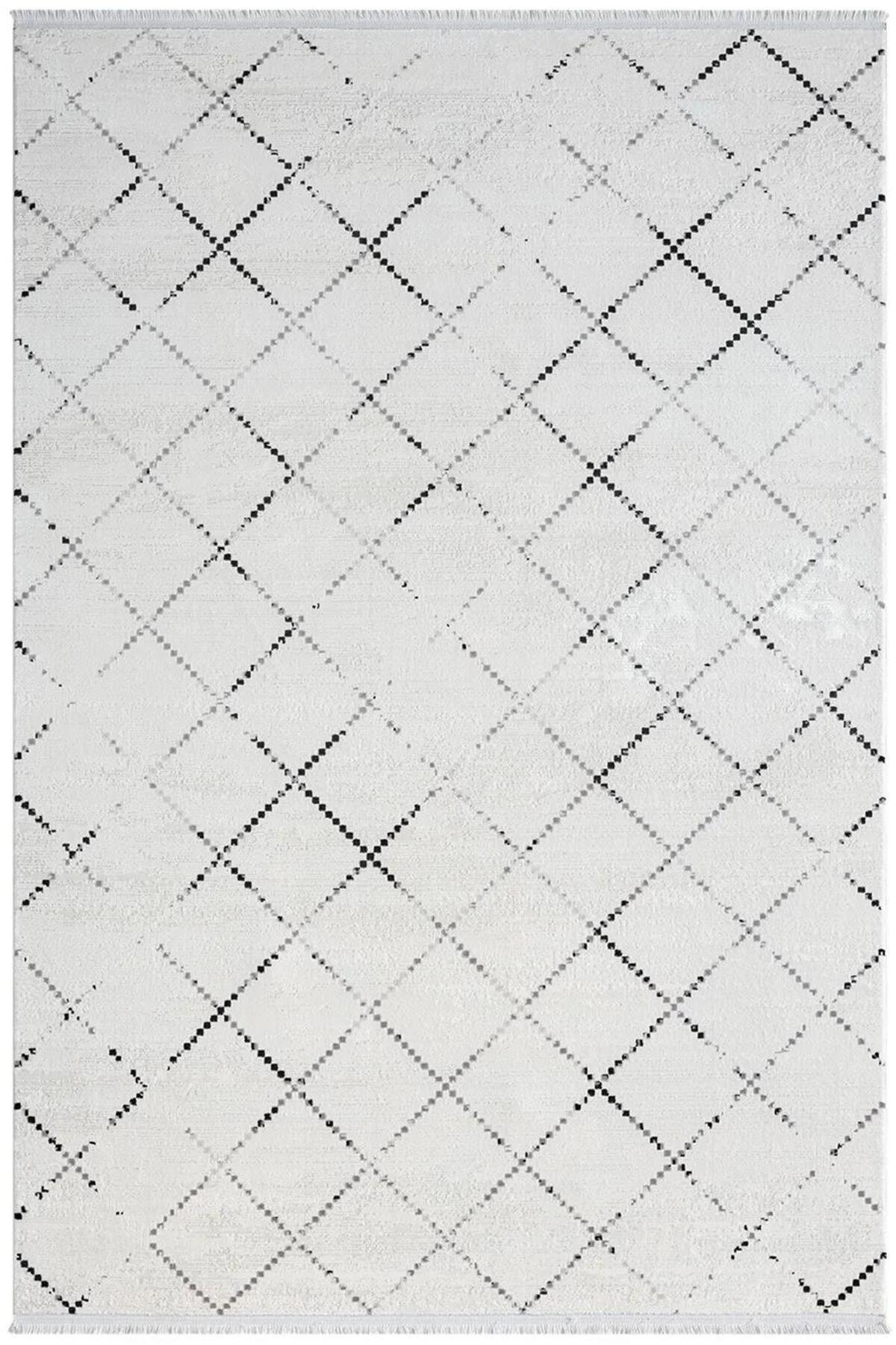 Elegance Eg010a White Carpet Geometric Detailed Modern Viscose Natural Yarn Bamboo Carpet Powder Less Living Room Carpet