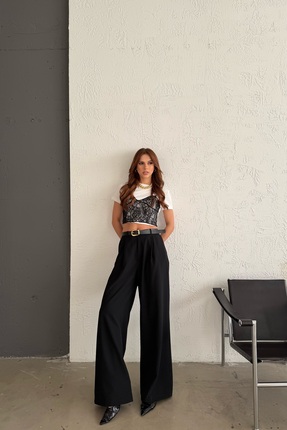 R-Style Yeni sezon Poliviskon Kemerli Palazzo Pantolon