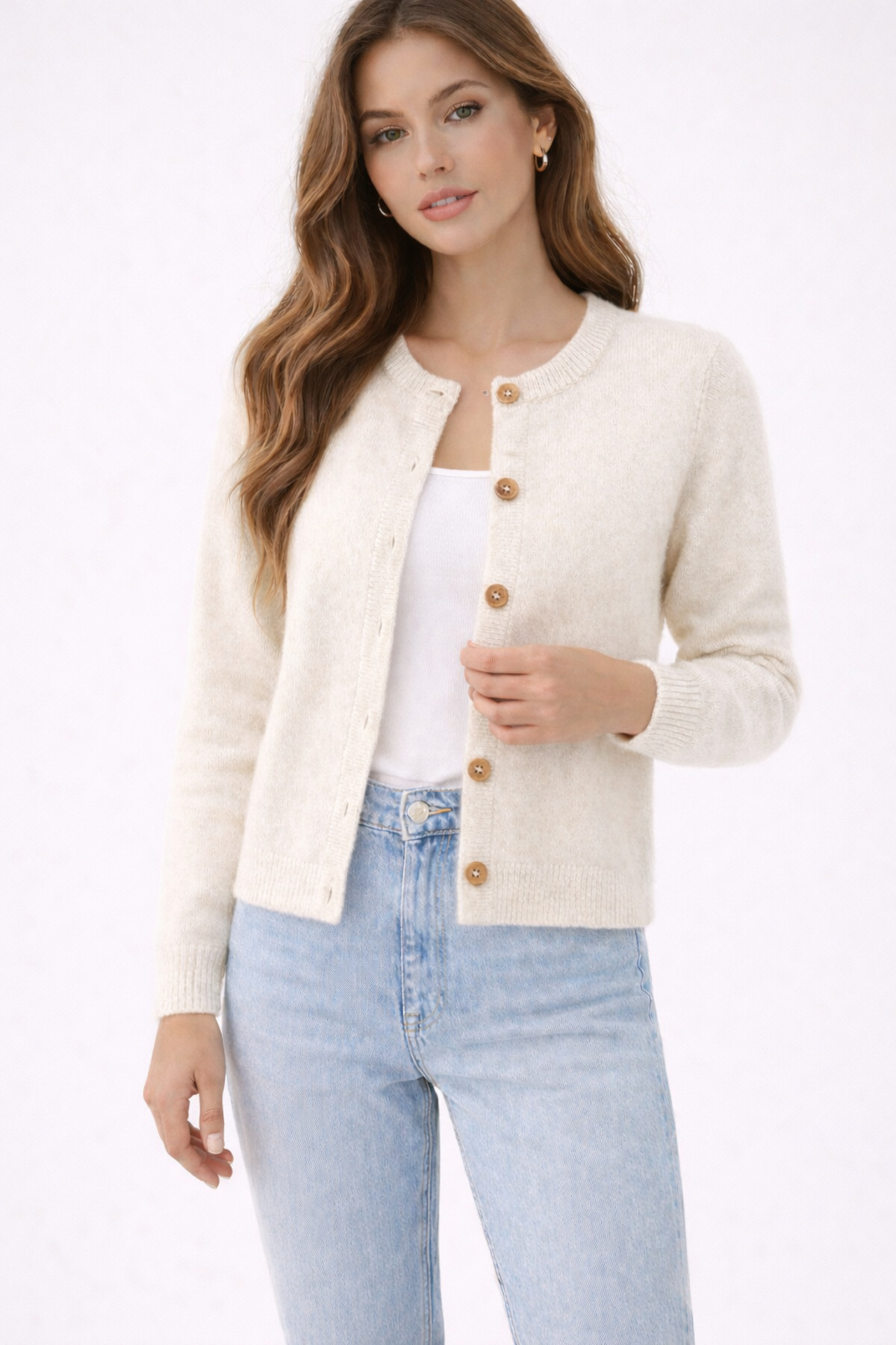 RTD&VLD  Kadın Vita-264 Eray Rahat Kalıp Triko Hırka Ekru