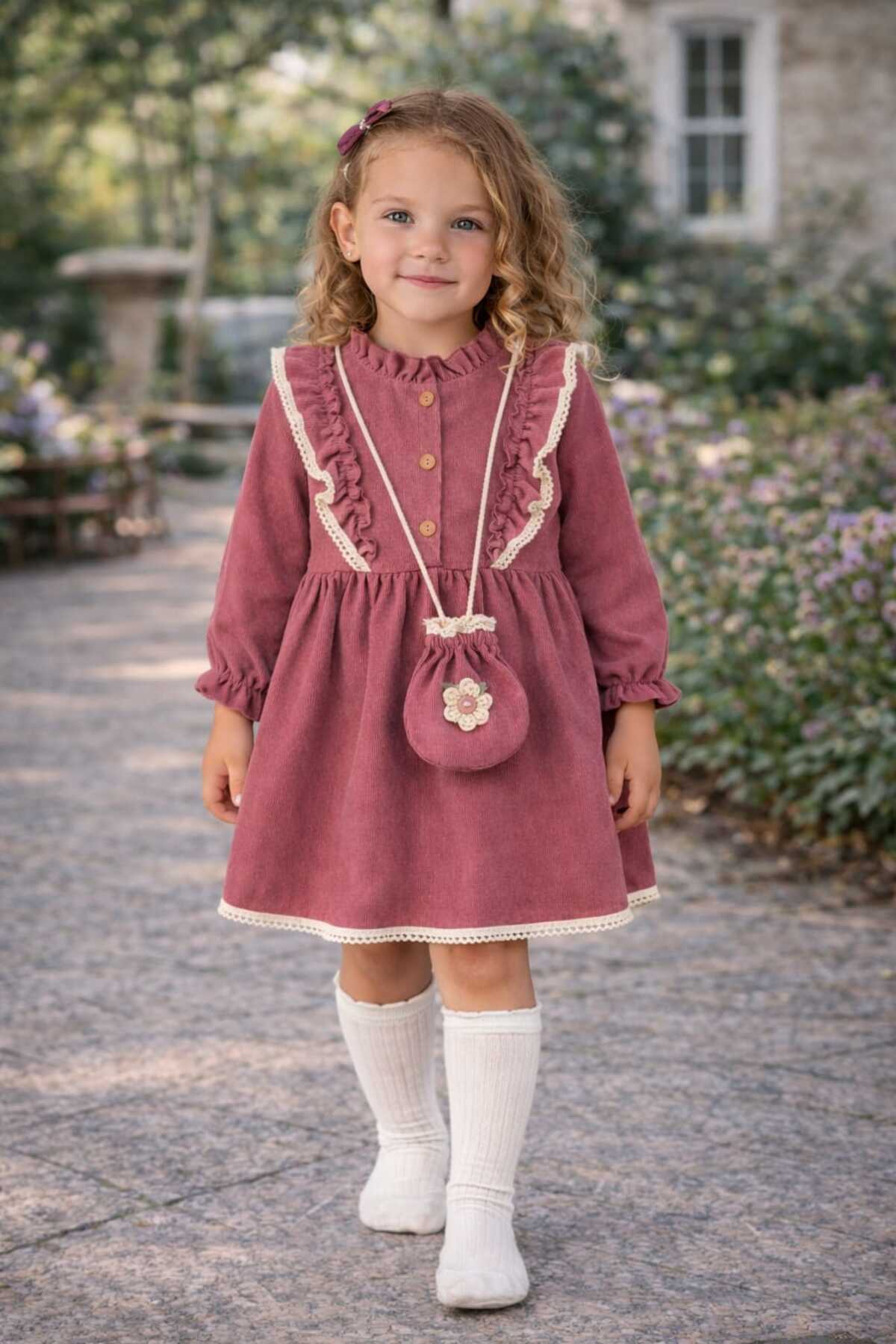 Girls Bag And Lace Long Sleeve Seasonal Pink Dungaree Holiday Dress (2-3-4-5 YEARS OLD)