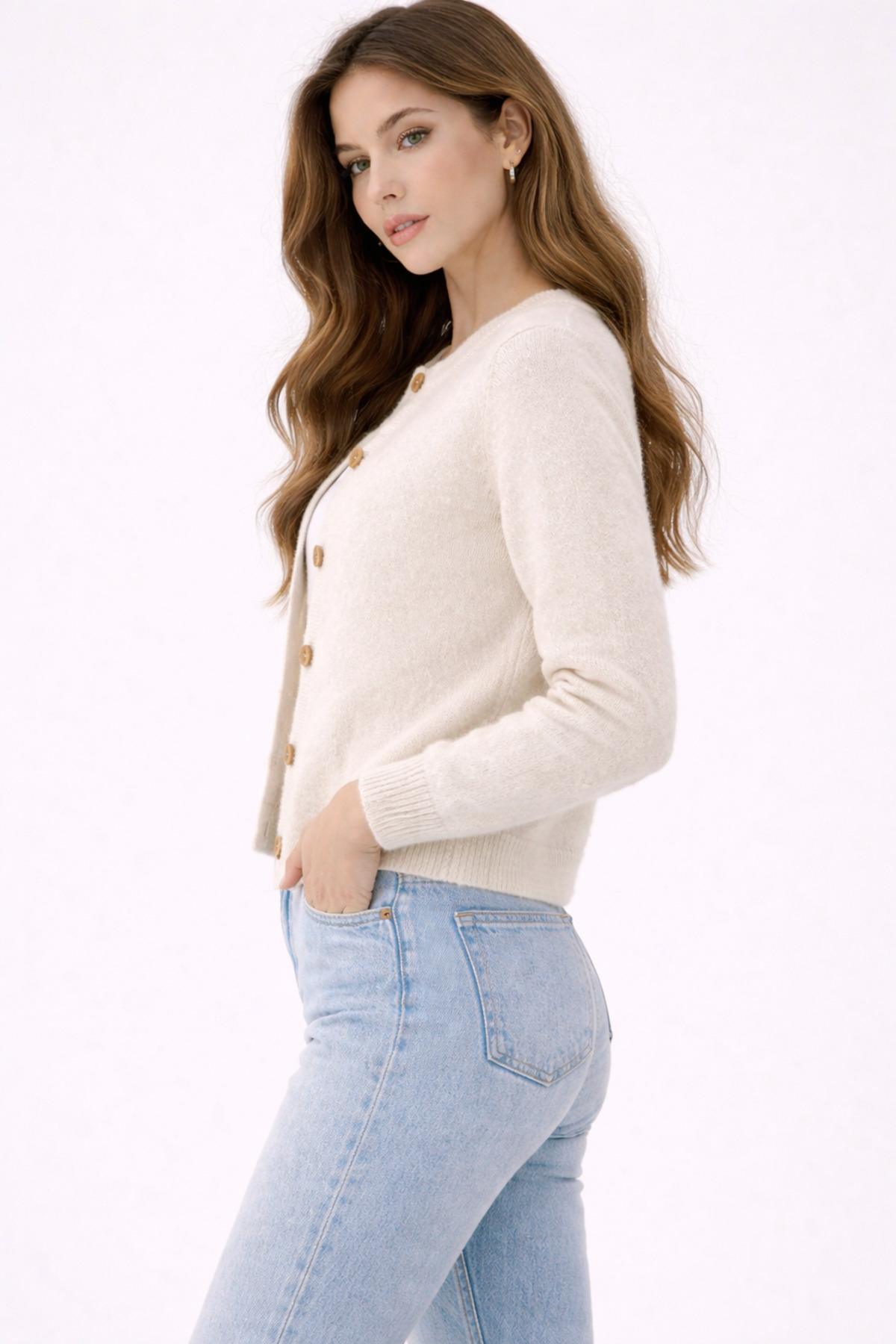 RTD&VLD  Kadın Vita-264 Eray Rahat Kalıp Triko Hırka Ekru - Görsel 3