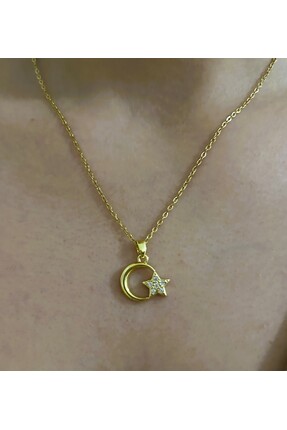stainles steel ÇELİK GOLD ZİRKON TAŞ DETAYLI AY YILDIZ FİGÜRLÜ KOLYE