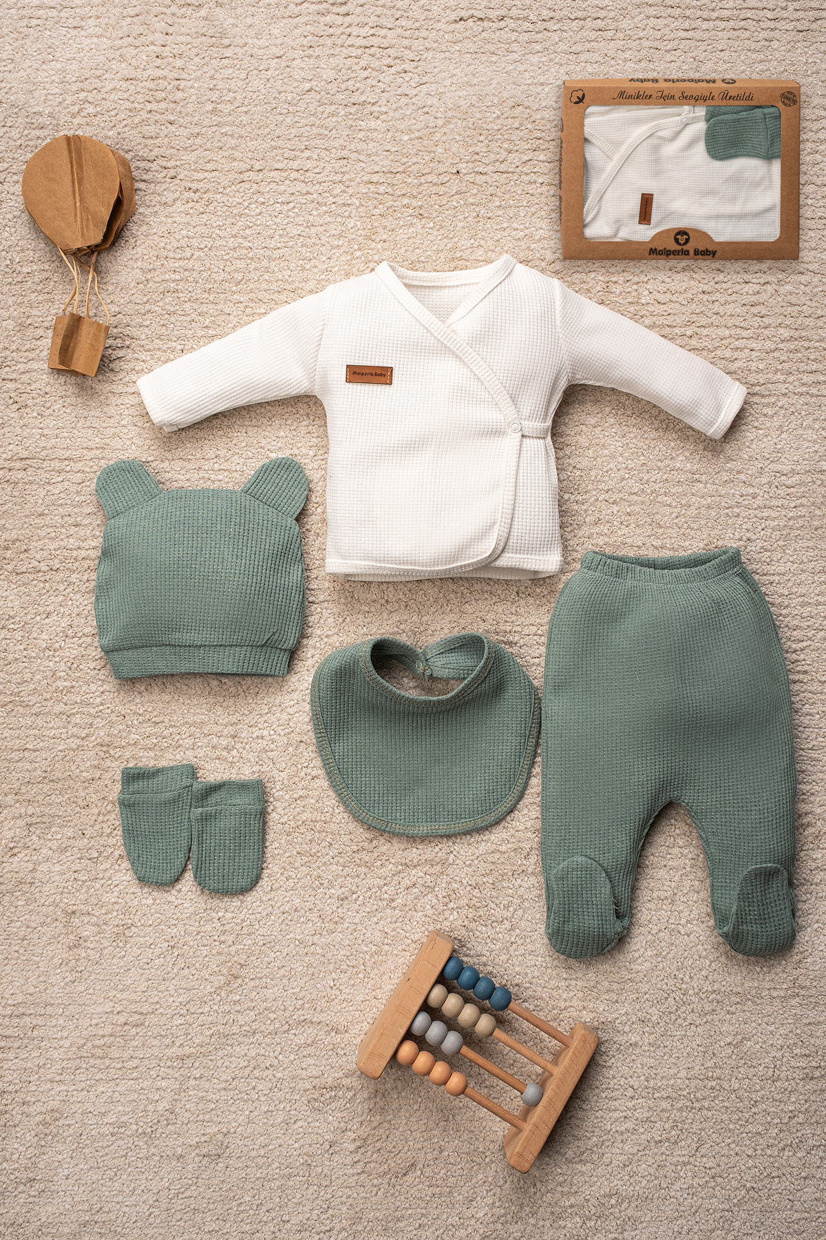 Waffle Fabric Organic Cotton Teddy Bear Hat Hospital Exit Set of 5 with Box
