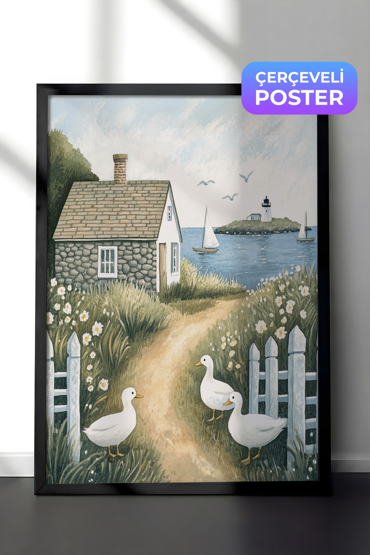 Black Frame Painting, Rural Village House Illustration, Living Room Decor Poster No: 111430