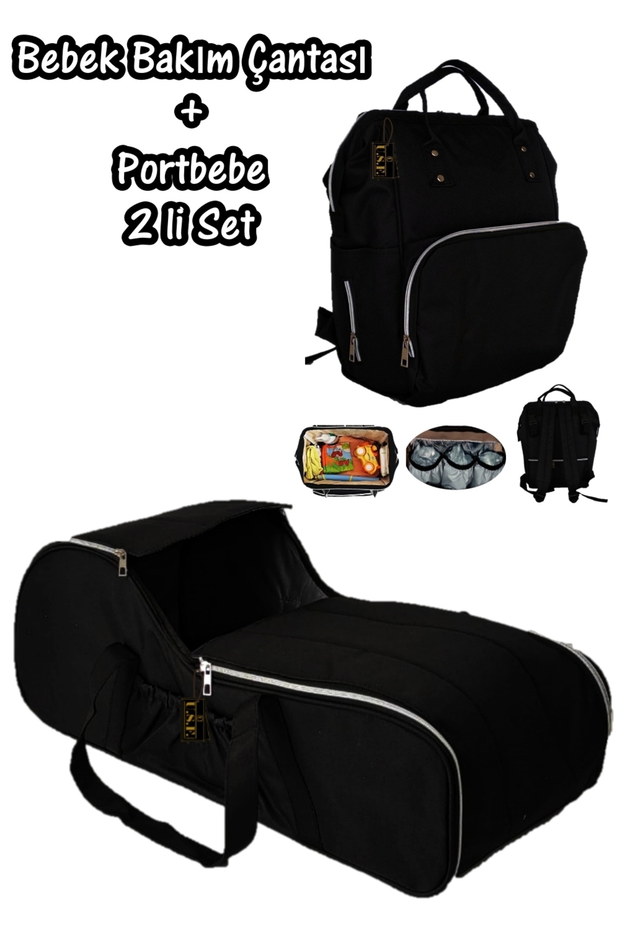 USF Portbebe Ana Kucağı Puset Bebek Taşıma Anne Bebek Bakım Çantası Ikili Set Siyah fotoğrafı 7 (önizleme)