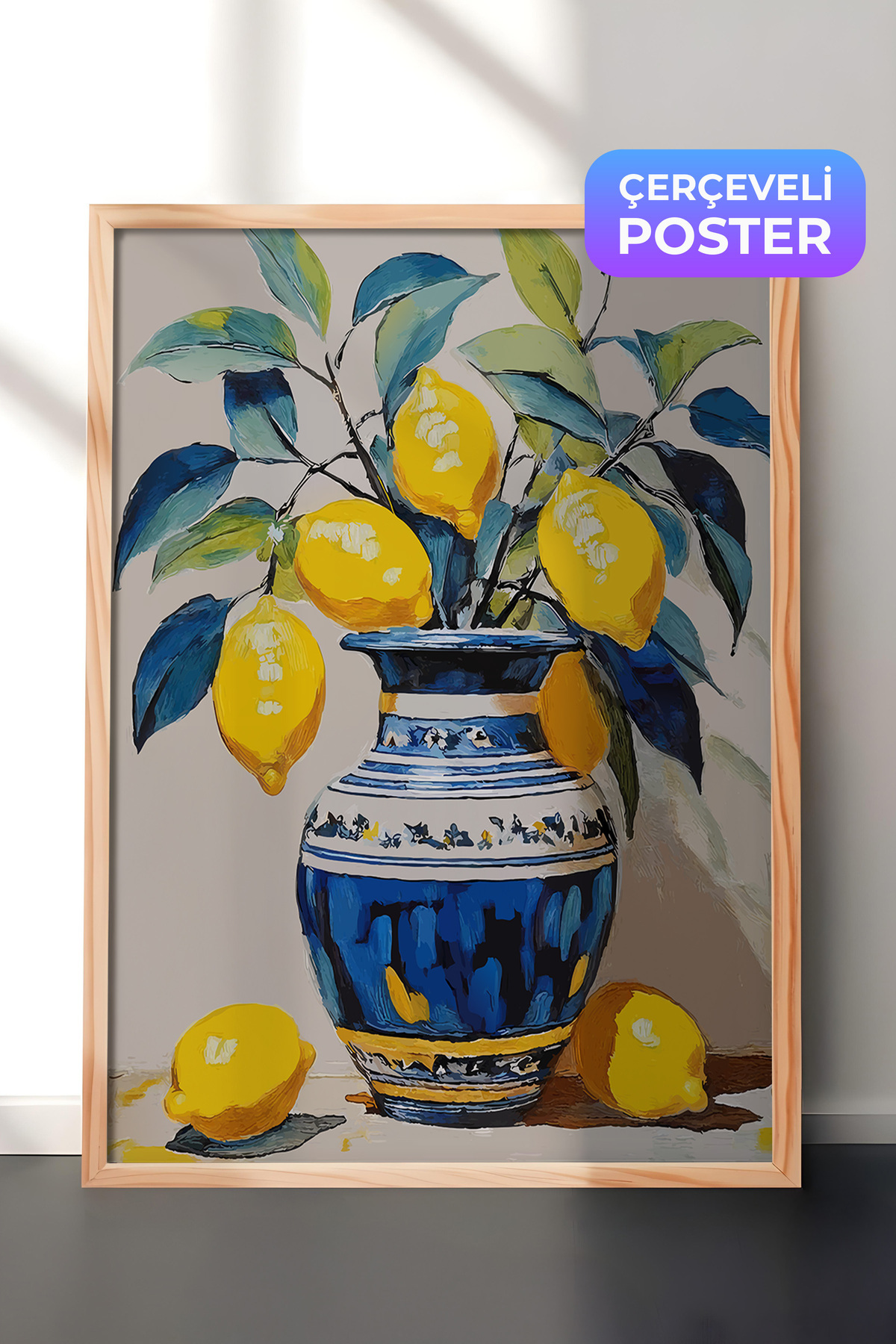 Painting with Wooden Frame, Vase with Lemon – Vivid Colors, Kitchen Decor Poster No: 113218