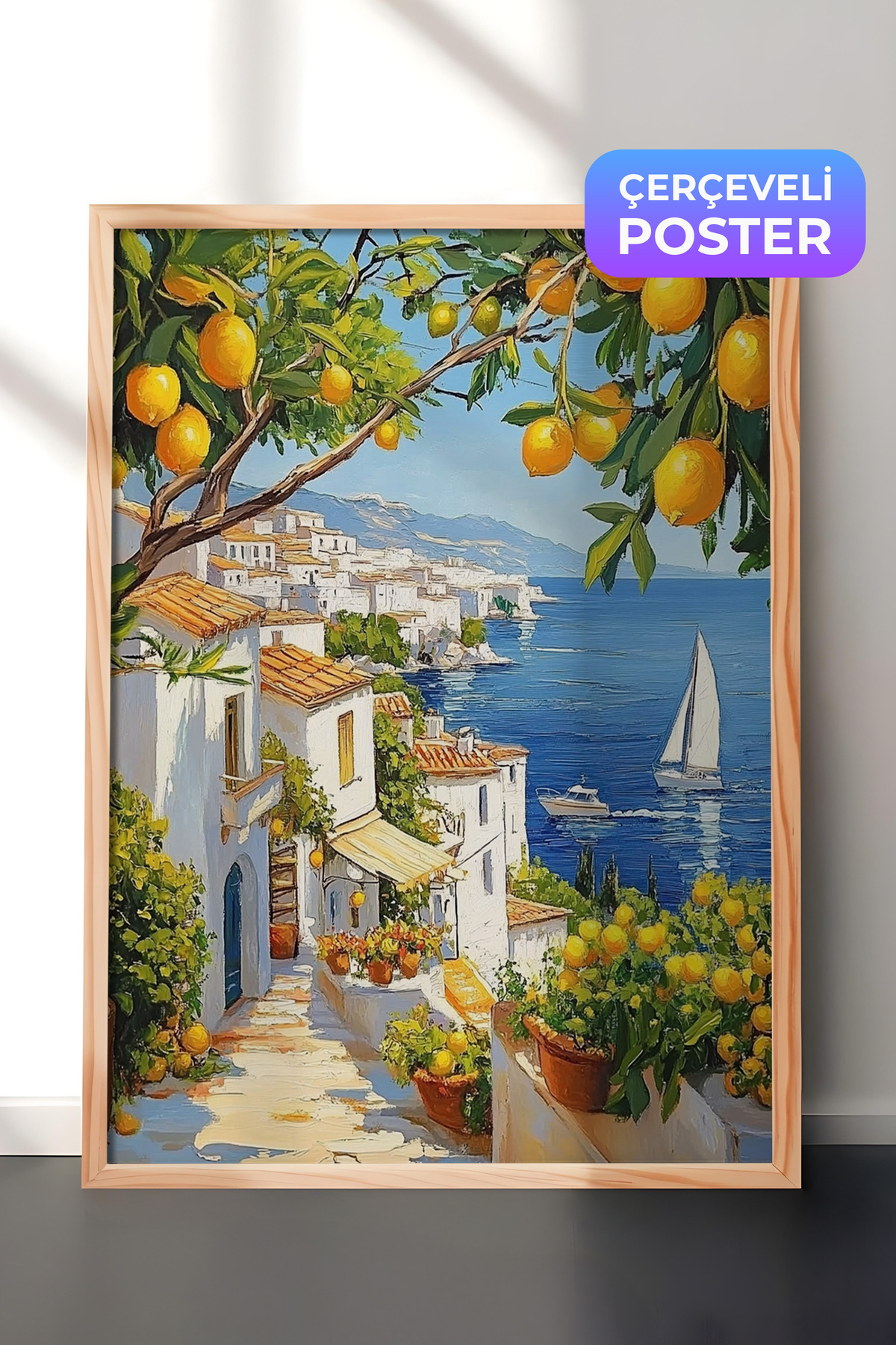 Wooden Framed Wall Table Mediterranean Coast Lemon Tree and Sea View Living Room Decor