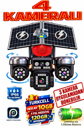 TRCharger 4 Kameralı (3 Motorlu + 1 Sabit)12MP 4G Solar Kamera AOV 7/24 Kayıt...