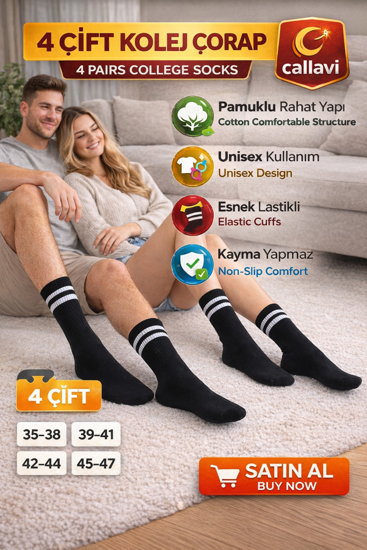 CALLAVI unisex çizgili kolej çorap 4 çift görsel 5