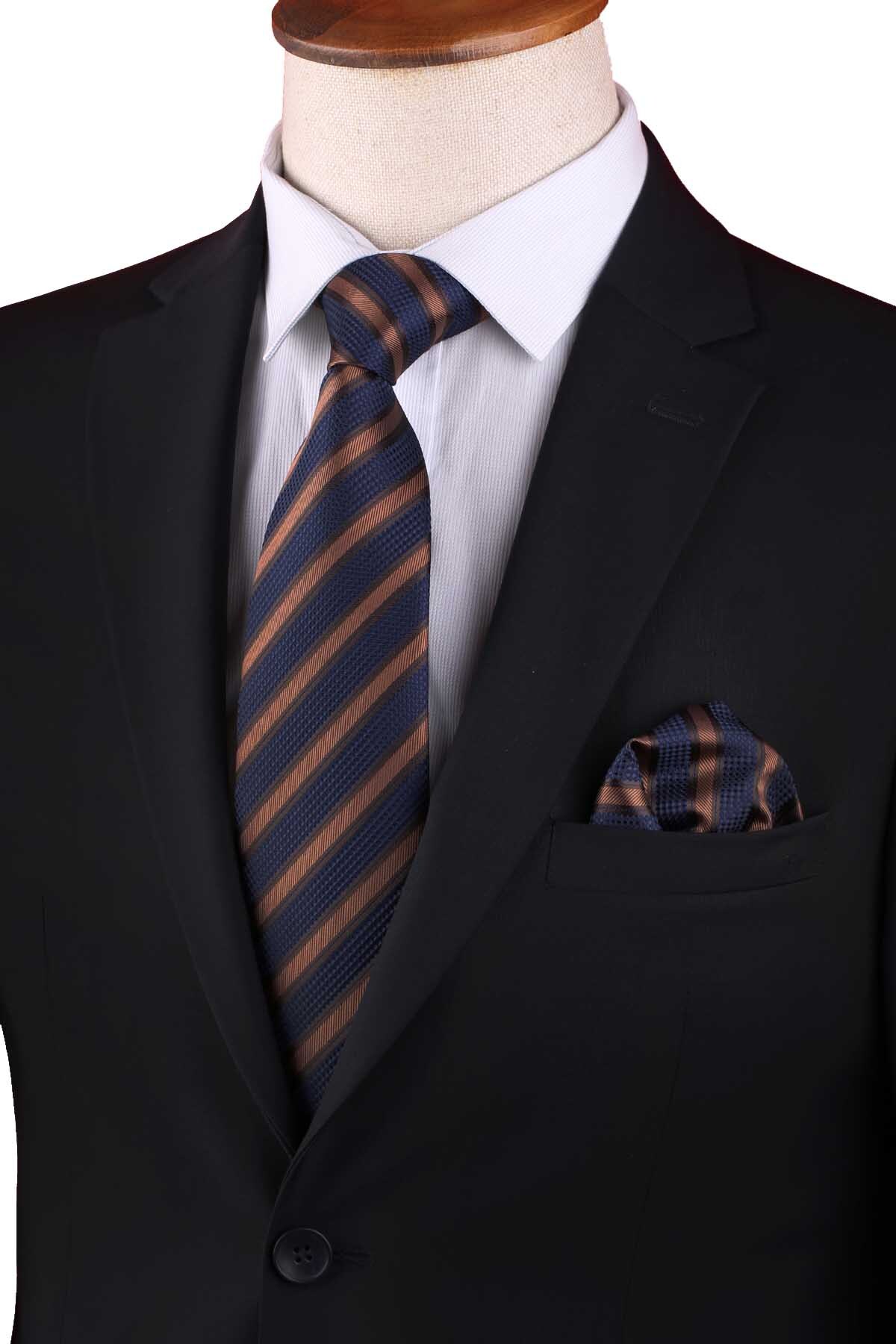  کراوات کلاسیک راه راه زرد و سرمه‌ای با دستمال جیبی KK13103