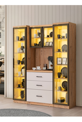 Setay Vitrinli Ünite, Liveo Kahve Köşesi + Çok Amaçlı Raflı İki Kapaklı Dolap
