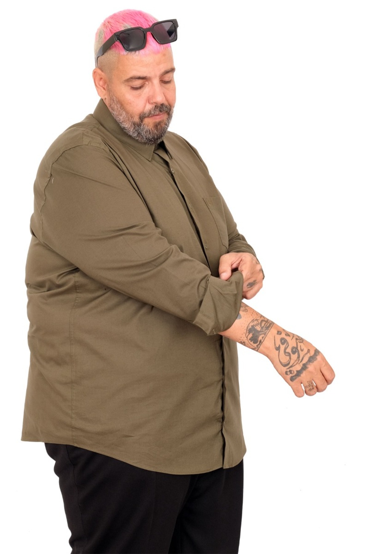 ModeXL Mode XL Büyük Beden Gömlek Ukol Cep Lycra Poplin 20350 Haki görsel 7