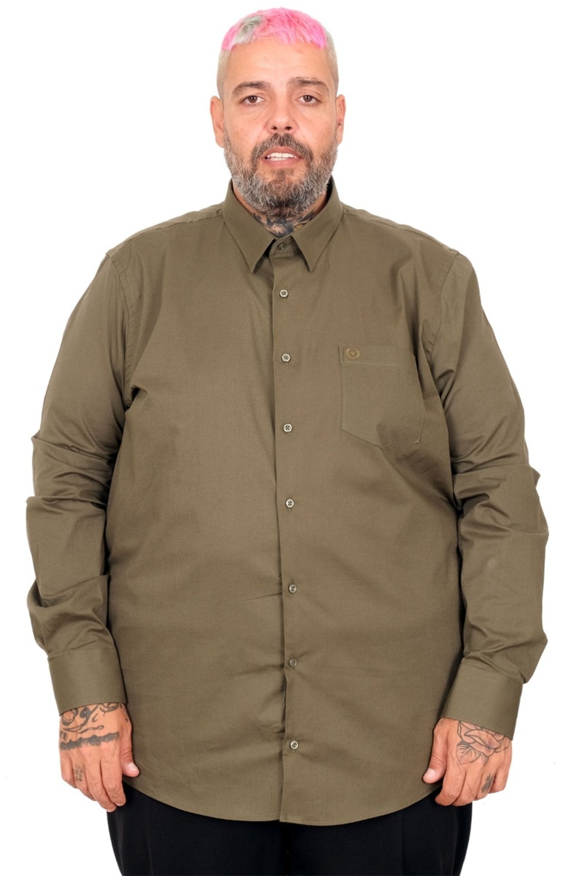 ModeXL Mode XL Büyük Beden Gömlek Ukol Cep Lycra Poplin 20350 Haki görsel 5