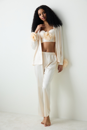 Penti Roses Saten Gömlek Pantolon Krem Pijama Takımı