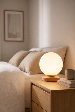 HOMİNG Nuuq Küre Camlı Masa Ve Gece Lambası Ahşap Taban E14