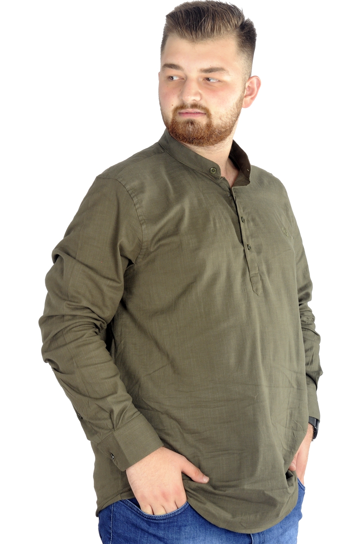 ModeXL Mode XL Büyük Beden Erkek Keten Likralı UKol Hakim Yaka Gömlek 20388 Haki görsel 2