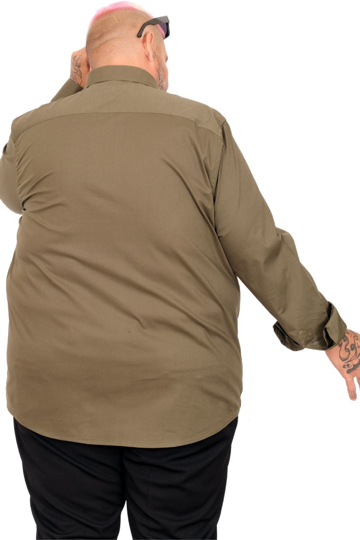 ModeXL Mode XL Büyük Beden Gömlek Ukol Cep Lycra Poplin 20350 Haki görsel 8
