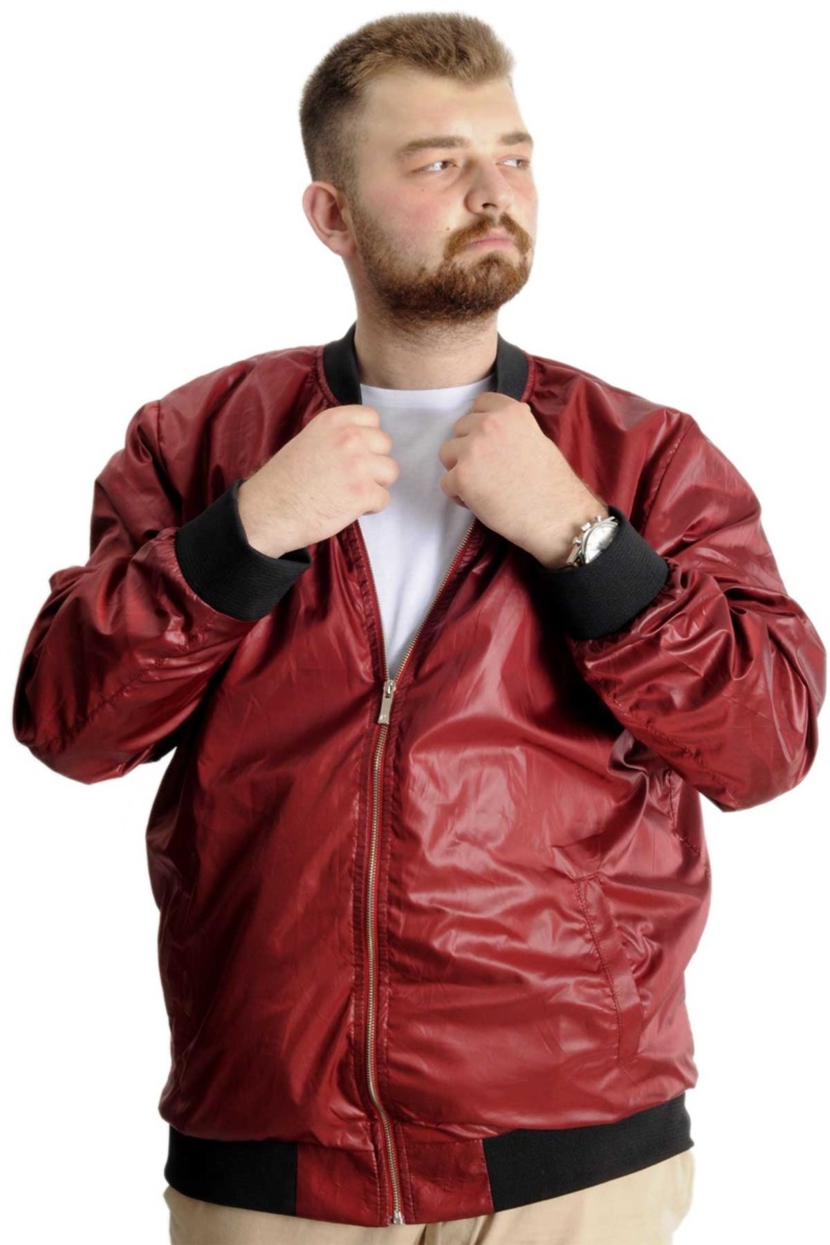 ModeXL Mode XL Büyük Beden Erkek YAZLIK INCE Kolej Mont Fermuarlı Jesica 22612 Bordo