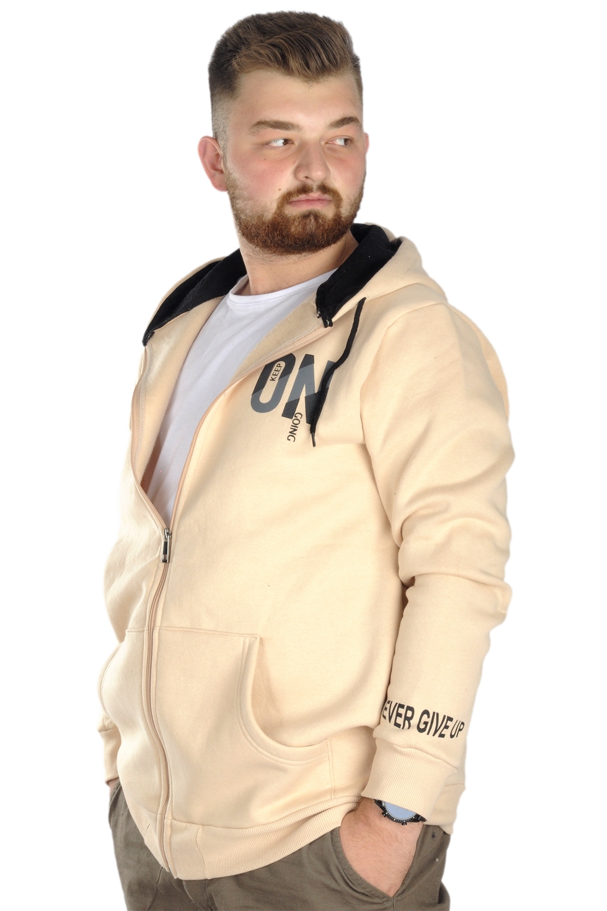 ModeXL Mode XL Erkek Sweat Kapşon Fermuarlı Keep On 22533 Bej görsel 5