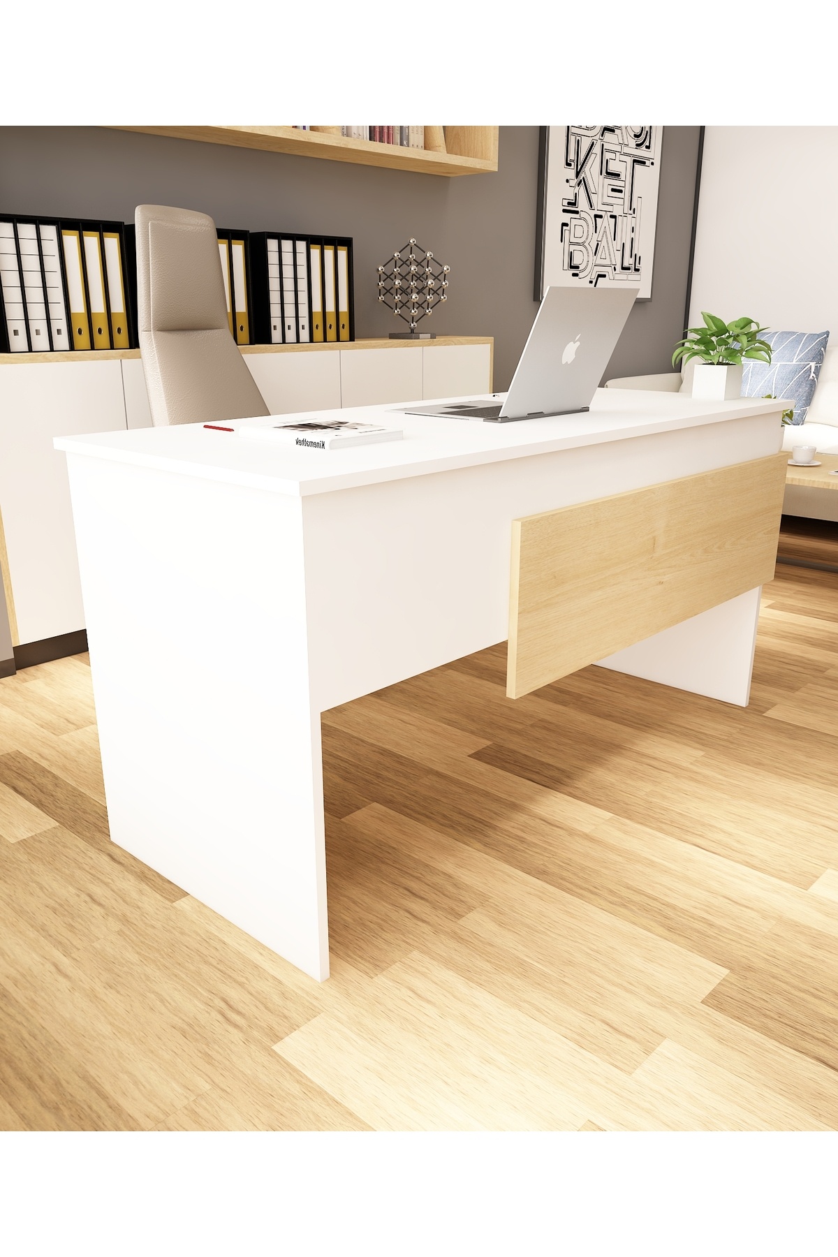 Karen 60x144 Çalışma Masası Ofis Masası Bilgisayar Masası| Beyaz - Safir Meşe 4