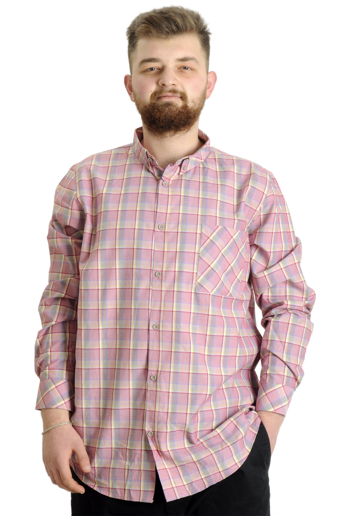 ModeXL Mode XL Büyük Beden Erkek Gömlek Ekose Uzun Kollu 23300 Koyu Bordo görsel 5