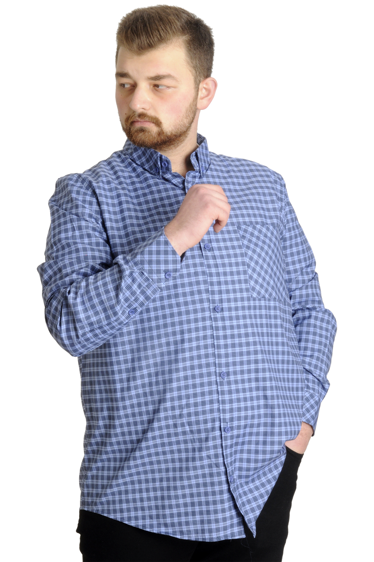 ModeXL Mode XL Büyük Beden Erkek Gömlek Ekose Uzun Kollu 23300 Açık Gri görsel 6
