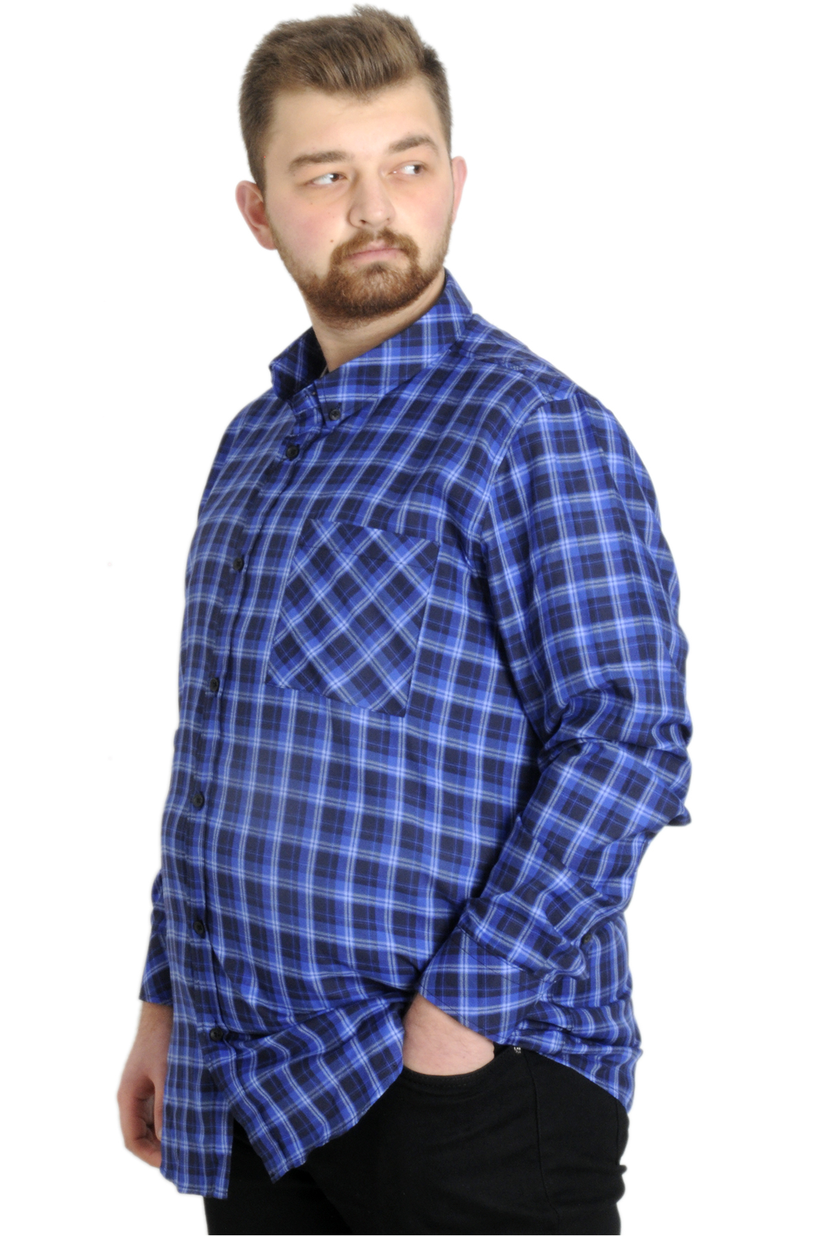 ModeXL Mode XL Büyük Beden Erkek Gömlek Ekose Uzun Kollu 23300 İndigo görsel 6