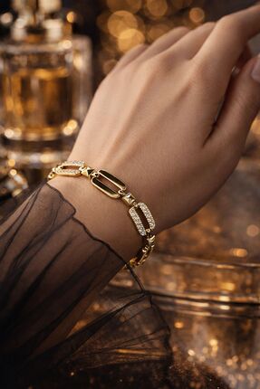 Solene Bolera Zirkon Taşlı Altın Kaplama Gold Çelik Bileklik
