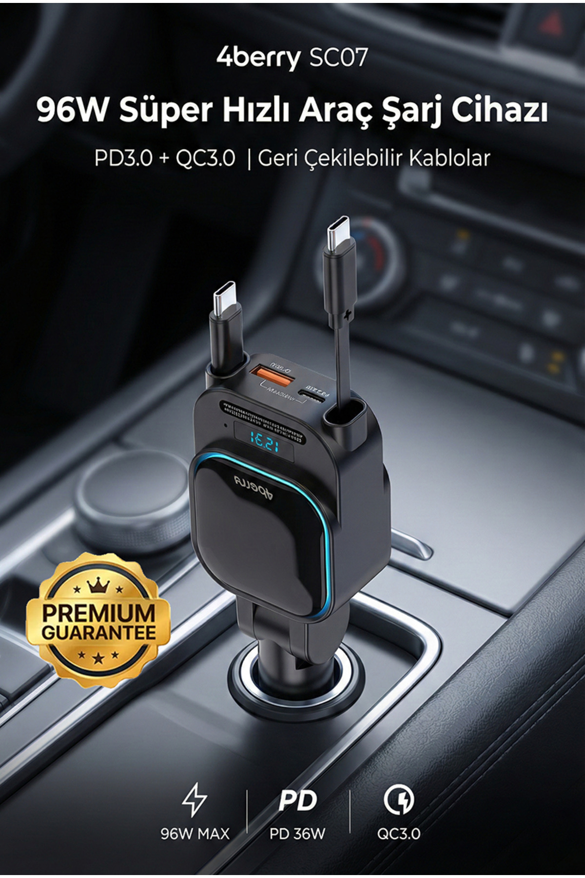 SC07 96W Car Charger – PD3.0 & QC3.0 Fast Charging, Dual Retractable Cable, LED Display