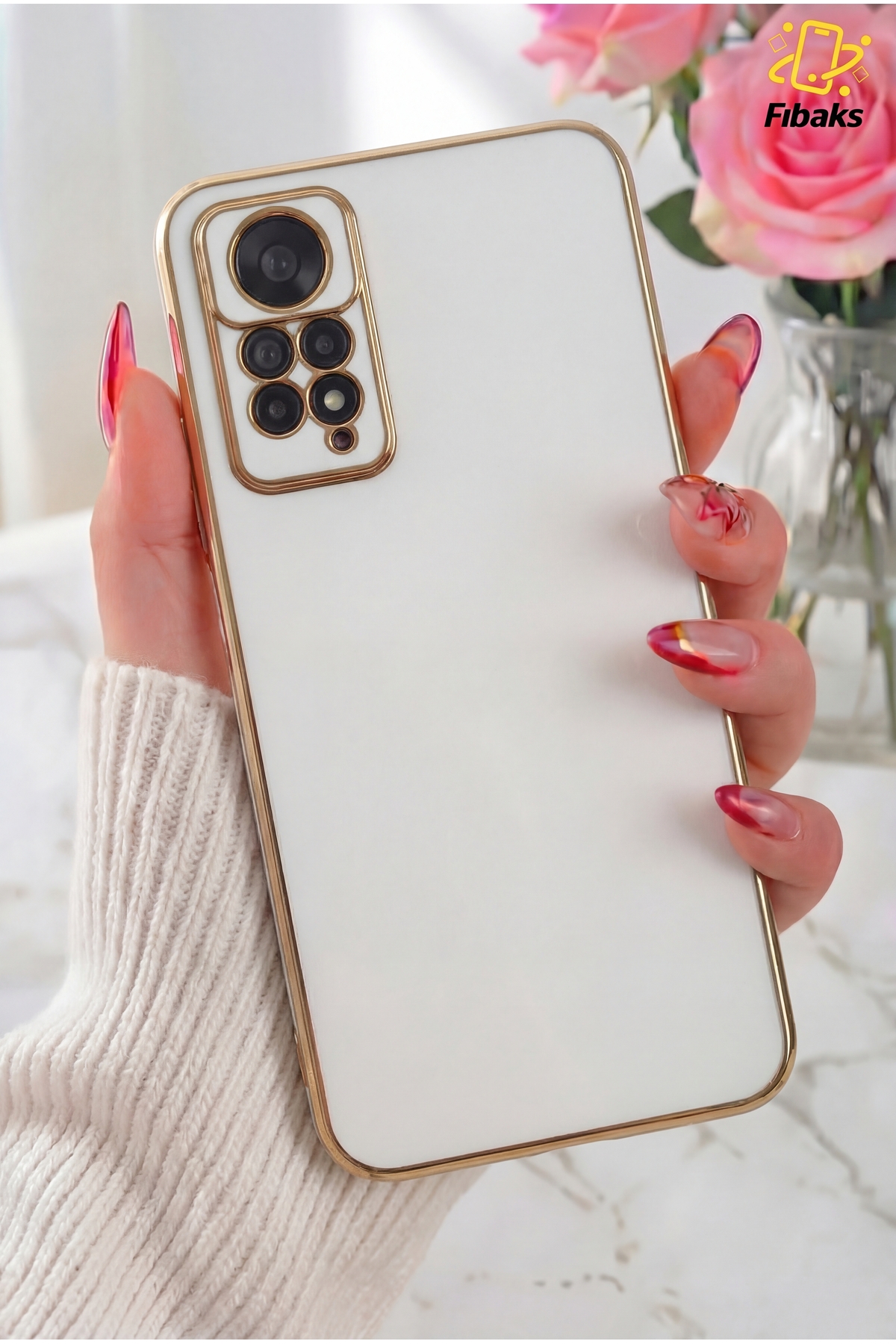 Redmi Note 11 Pro/12 Pro 4G Case Gold Embroidered Camera Shielded Cover with Bright Edge White