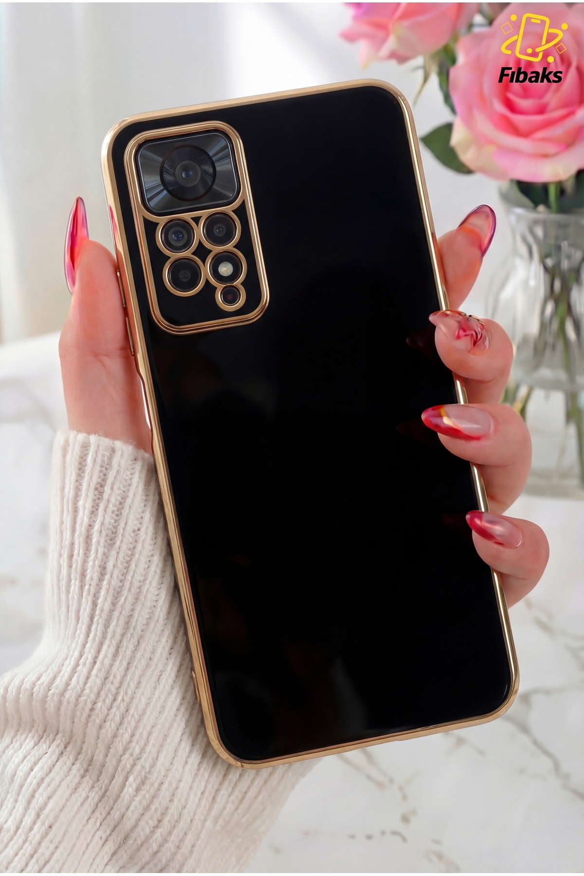 Redmi Note 11 Pro/12 Pro 4G Case Gold Embroidered Camera Shielded Cover with Bright Edge Black