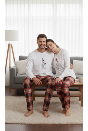 Bella Dossi Pamuklu Minimalist Aşk Figürlü Sevgili Çift Pijama Takımı