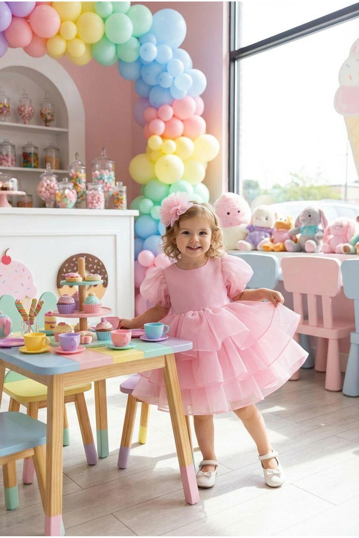 BUTİKHAPPYKİDS Kız Bebek Pembe Caroline Kumaş Karpuz Kollu Abiye Elbise 1-5 yaş