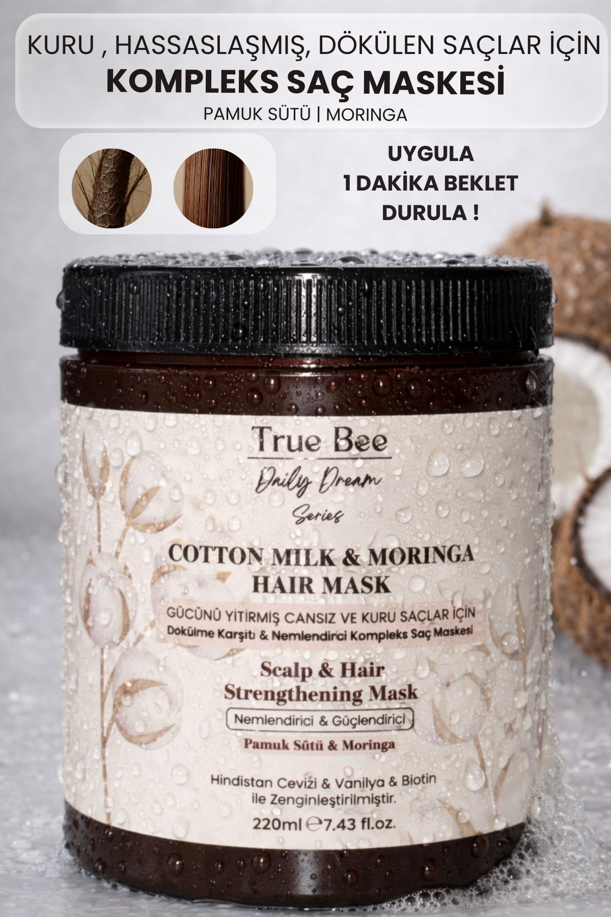 True Bee Anında İpeksi Yumuşaklık Veren Kuru, Hassas, Dökülen Saçlar için Pamuk Sütü & Moringa Saç Maskesi - Fiyatı, Yorumları