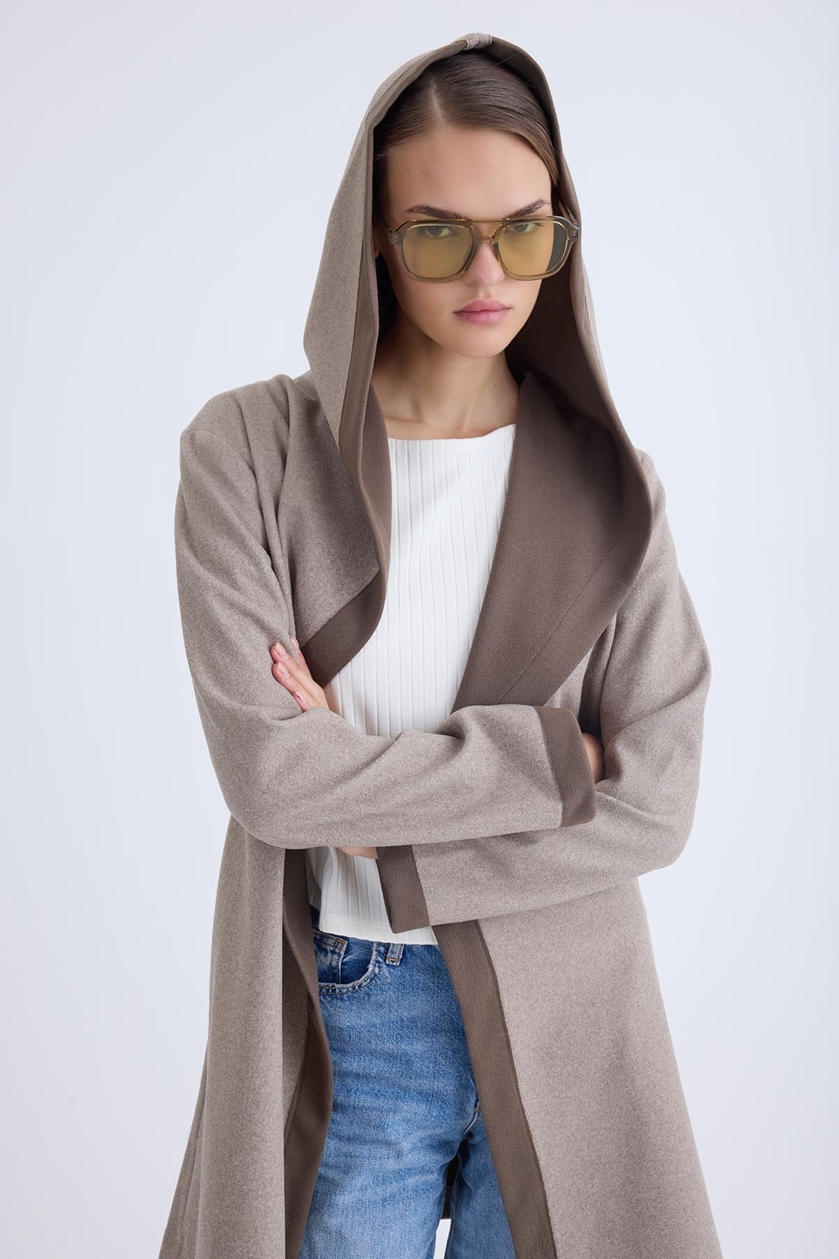 Vitrin  Kapüşonlu Beli Kuşaklı Kaşe Kaban - Görsel 2