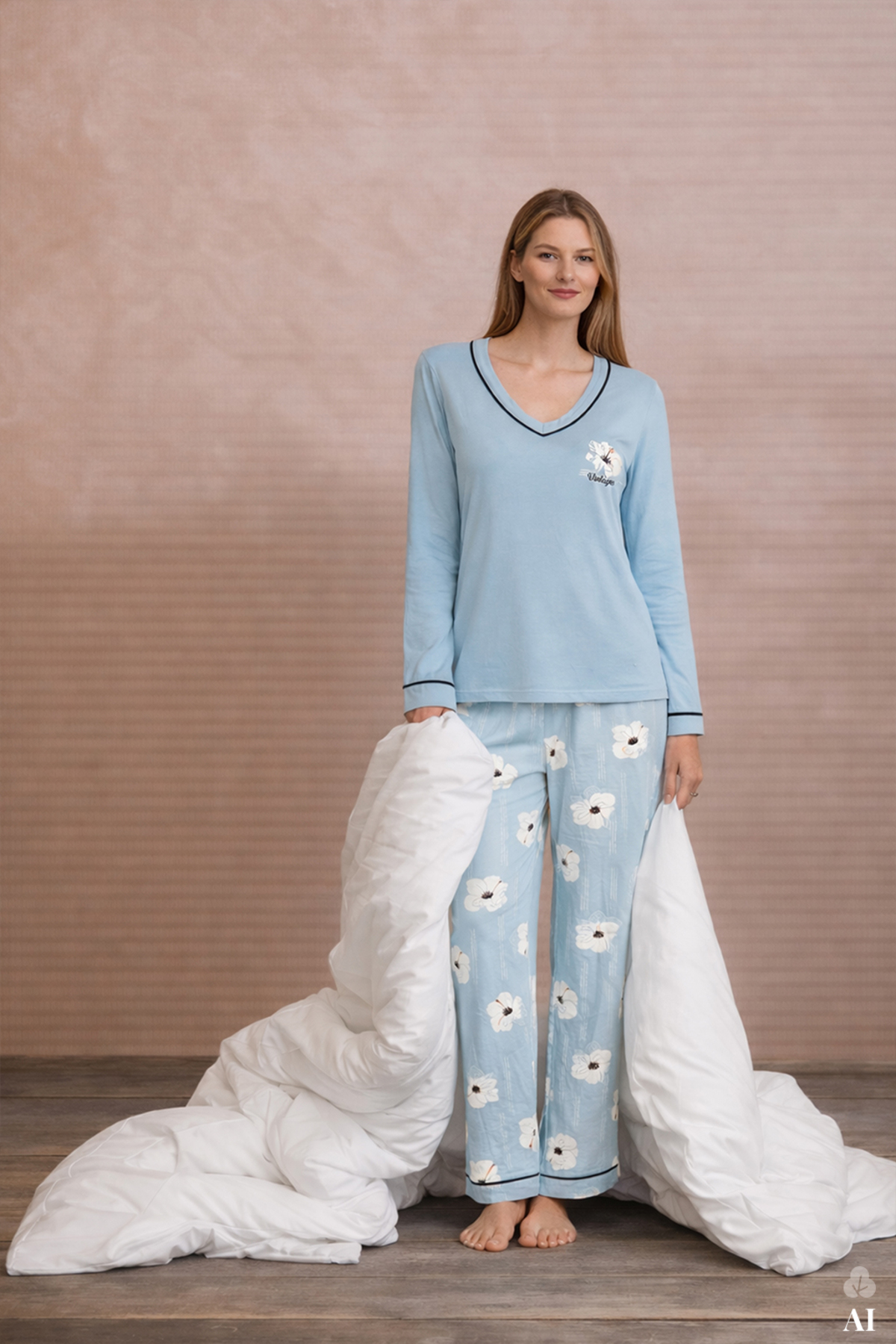 koza iç giyim  Kadın V Yaka Çiçek Desenli Ara Biyeli Uzun Kollu Pamuklu Pijama Takımı