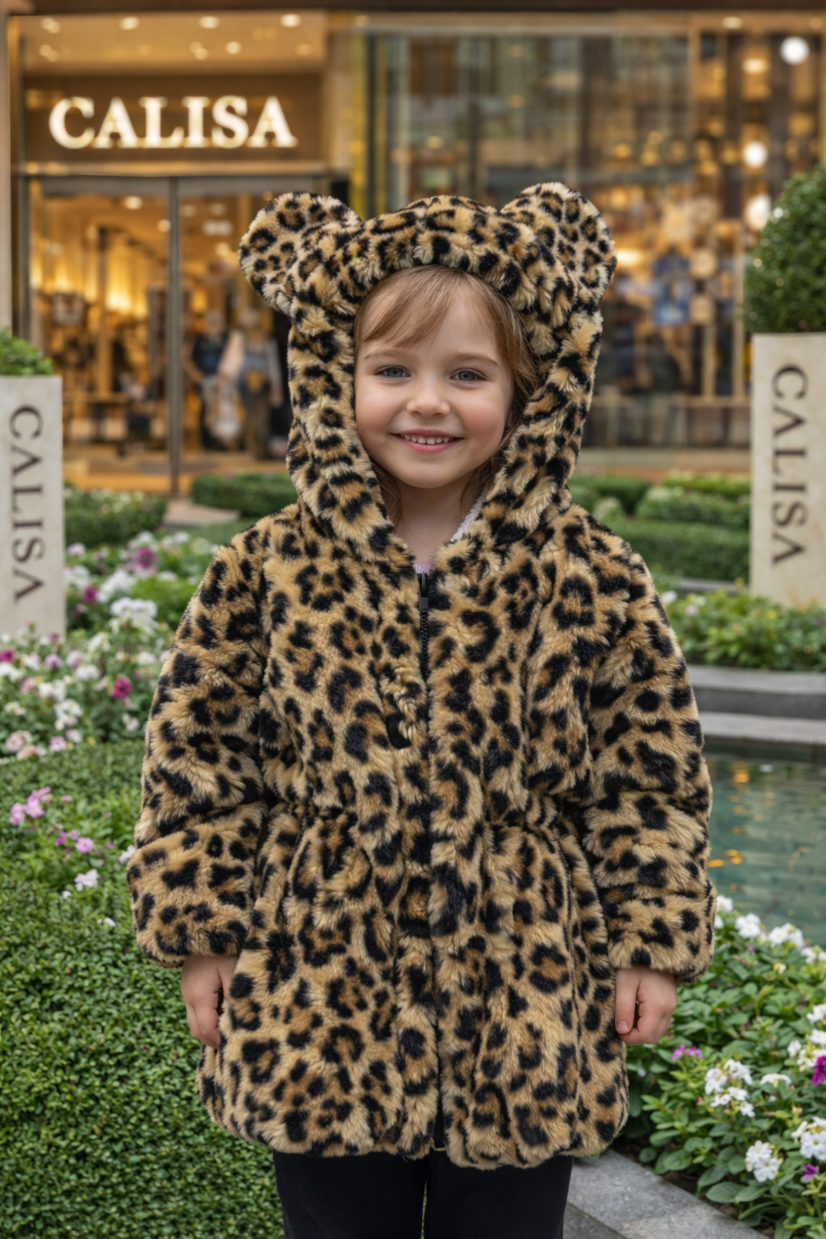 Calisa Kız Çocuk Leopar Desenli Peluş Kürk Mont Kaban fotoğrafı 2 (önizleme)