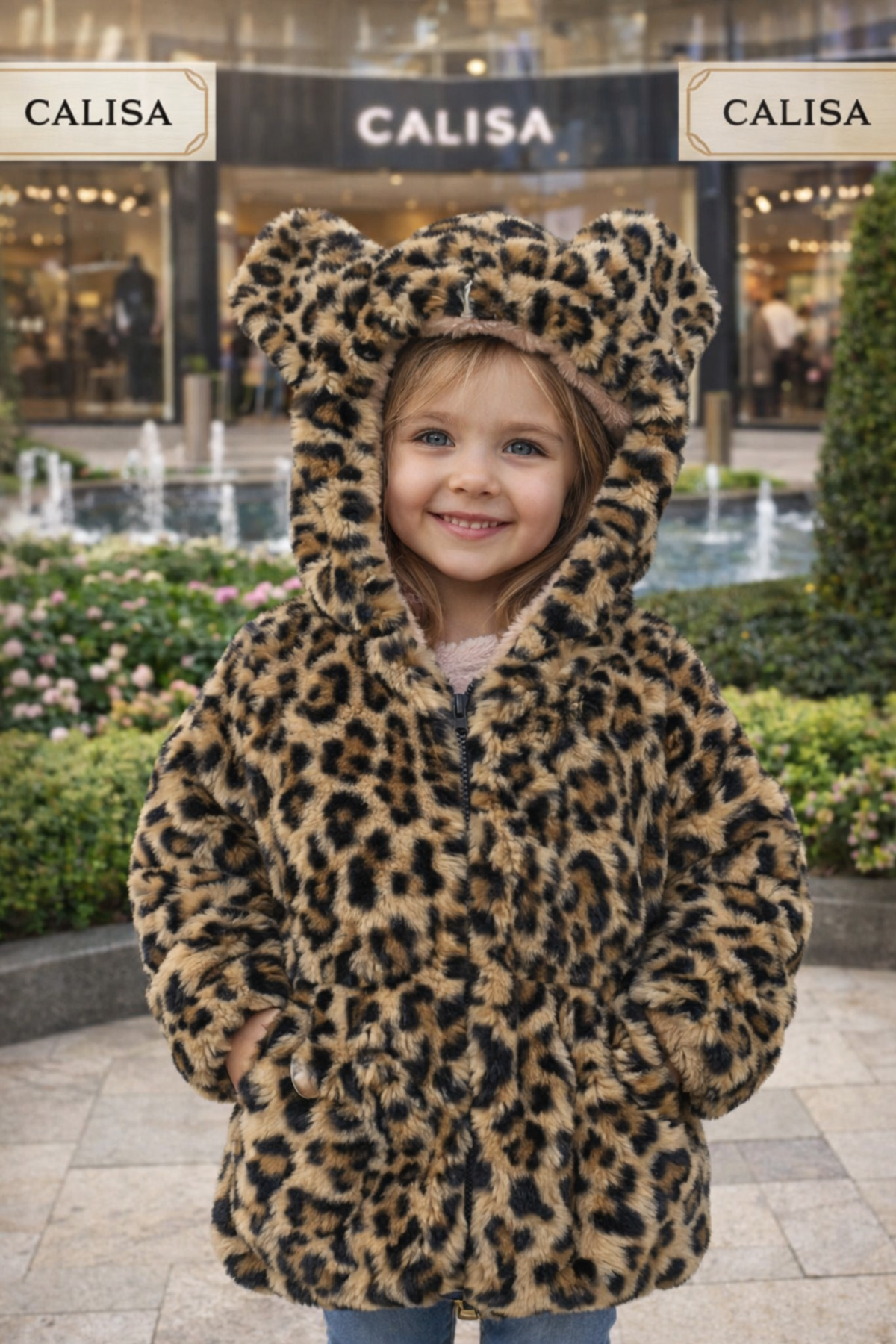 Calisa Kız Çocuk Leopar Desenli Peluş Kürk Mont Kaban fotoğrafı 4 (önizleme)