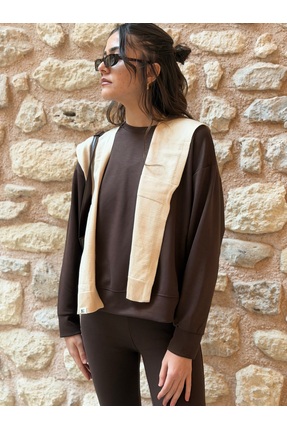 olleo studio Kadın Kahverengi Modal Kumaş Yumuşak Tuşe Sweatshirt