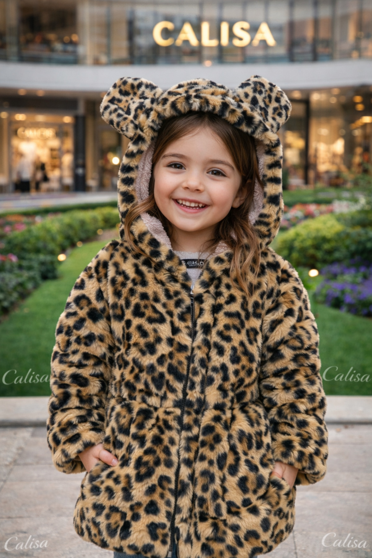 Calisa Kız Çocuk Leopar Desenli Peluş Kürk Mont Kaban fotoğrafı 3 (önizleme)