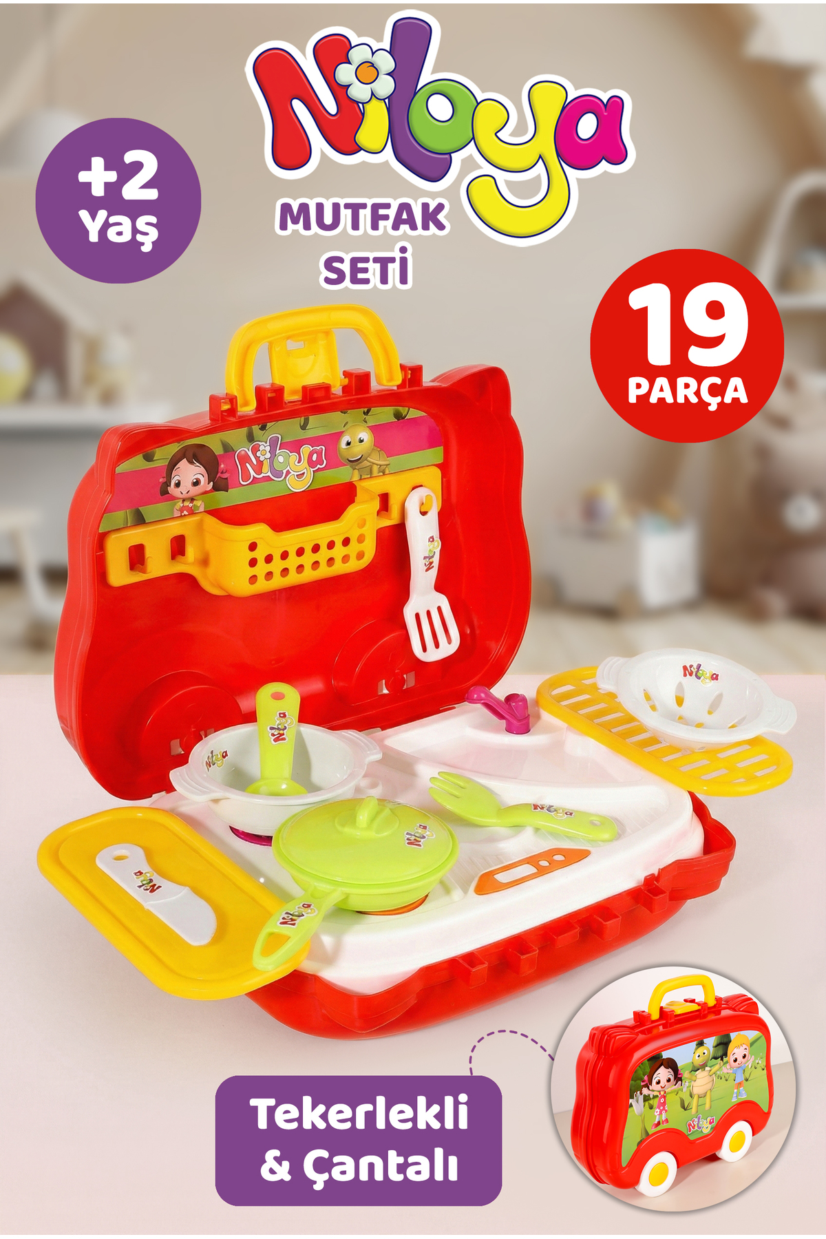 Meleni Toys 19 Parça Niloya Çantalı Mutfak Seti - Tekerlekli Tava