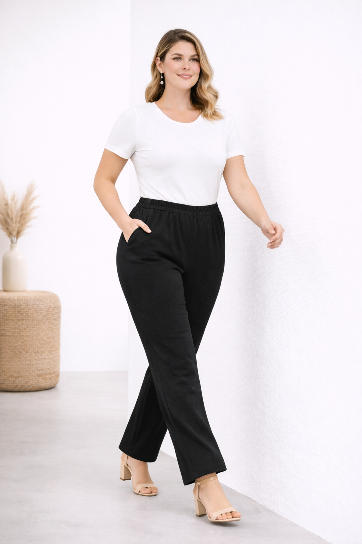 Şans  Kadın Büyük Beden Siyah, Bel Lastikli, Yüksek Bel, Cepli Pantolon 65N39372 - Görsel 6