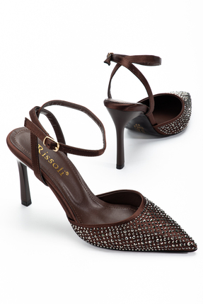 RİSSOLİ Kadın Acı Kahve Taşlı Bilekten Bağlama Detaylı Abiye Topuklu Ayakkabı
