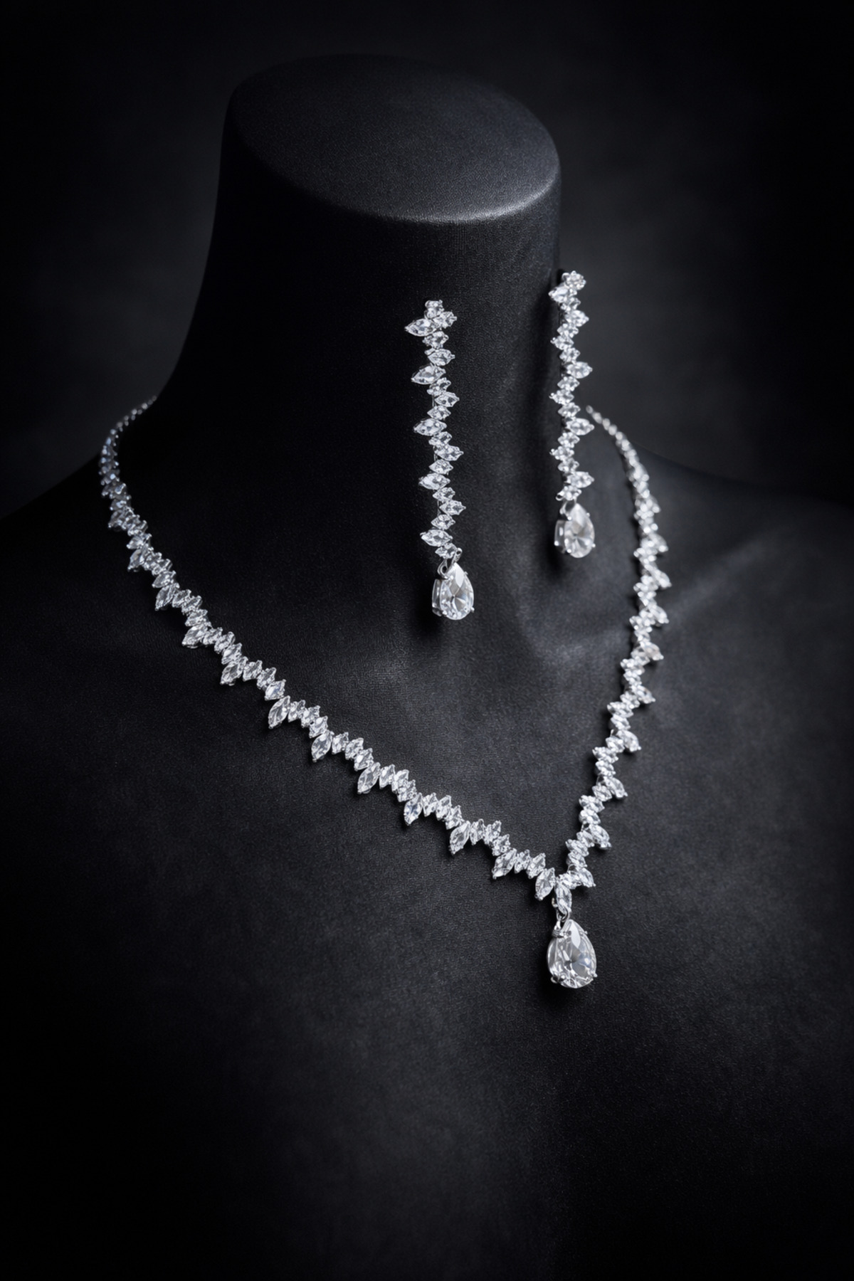 Zircon Waterway Set Rhodium Plated Aris Model Wedding Set Engagement Set Necklace Earrings Jewelry Set