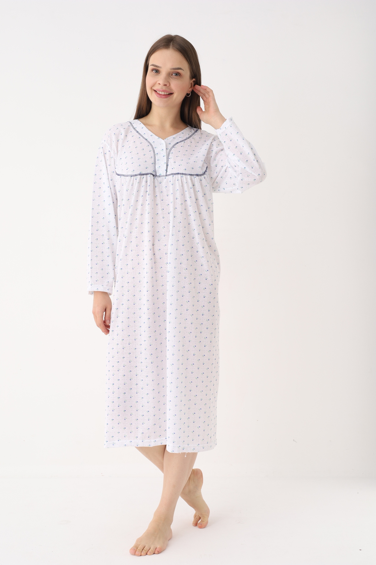 YASAR UNDERWEAR Kadın %100 Pamuk Uzun Kollu Gecelik – Hakim Yaka, Yarım Pat Düğmeli, Desenli, Rahat Kalıp