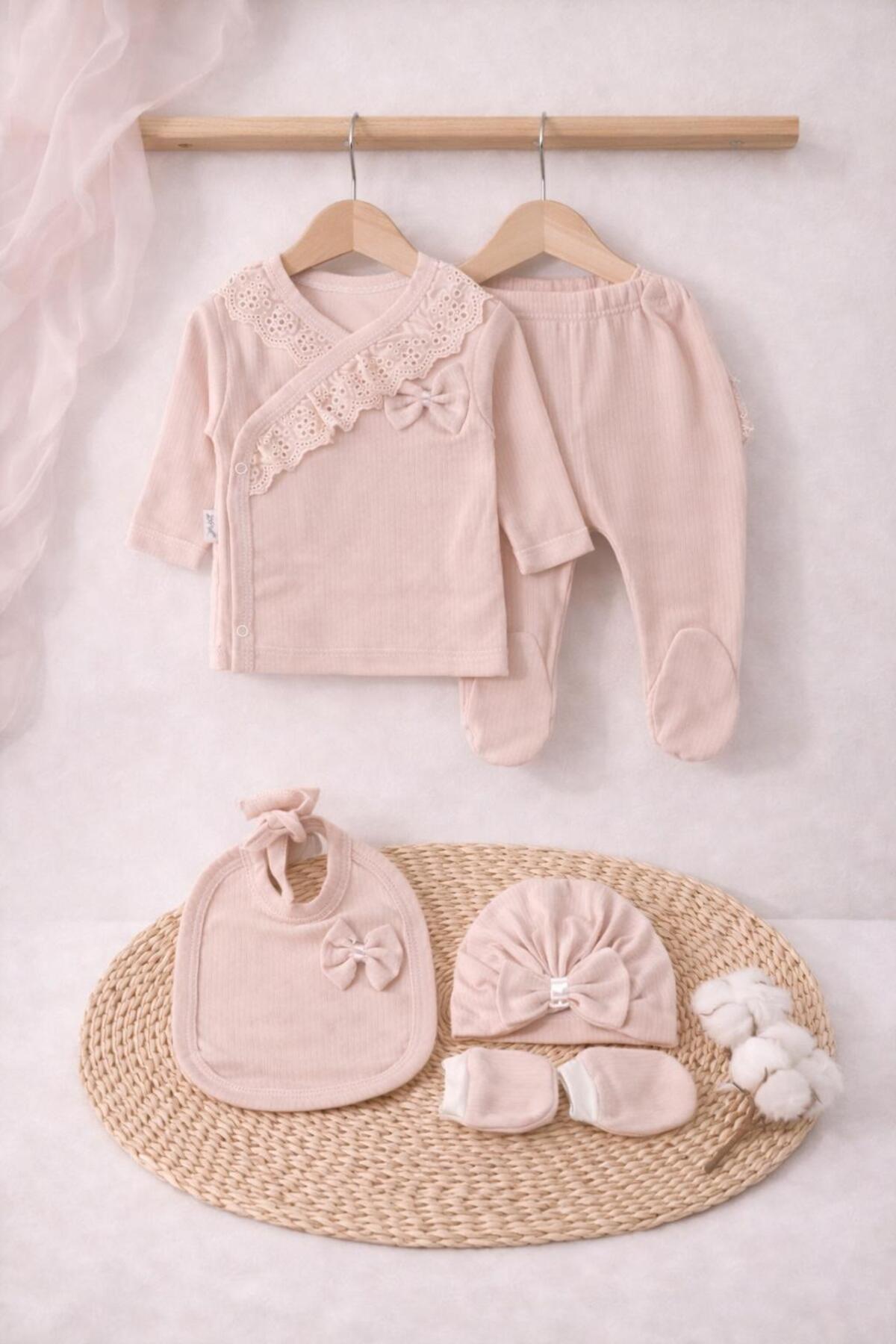 BYS BABY FASHION Fistolu Fiyonklu Natural Lüx %100 Pamuk Yenidoğan Kız Bebek 5 Parça Hastane Çıkışı Zıbın Seti fotoğrafı 2 (önizleme)